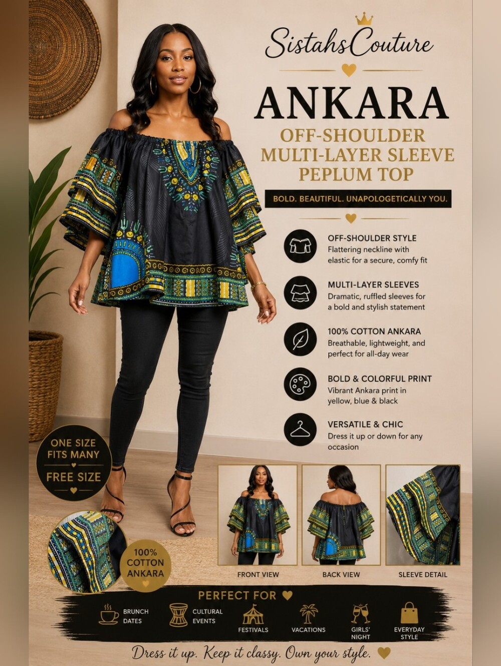 Ankara | Off-Shoulder Multi-Layer Sleeve Peplum African Print Top